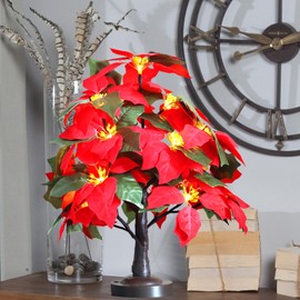 FUCHSUN Christmas Poinsettia Tree Light 18 LED Lighted Artificial Tabletop Poinsettia Flower Tree Lamp for Holiday Home Decoration, Battery & USB Powered, Timer & 8 Lighting Modes