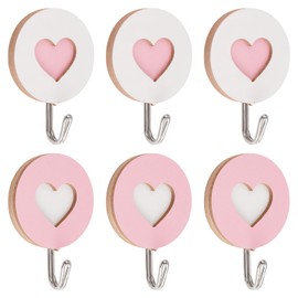 MOROBOR Wooden Pink Double Heart-Shaped Self-Adhesive Hooks, 5pcs Key Holder Coat Hook Strong Adhesive Hooks for Home Office Hotel Wall Decoration