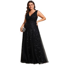 Ever-Pretty Plus Women's A Line Sequin Sleeveless Embroidery Summer V Neck Plus Size Maxi Formal Dresses Black US14