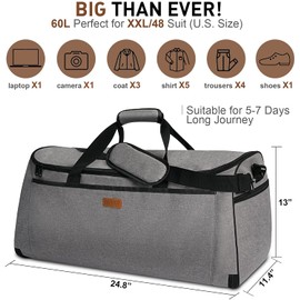 Fairwin Garment Bags for Travel Suit Bags for Men 60L Waterproof Carry On Hanging Garment Duffle Bag for Men Women Convertible Garment Bag with Shoes Compartment 2-in-1 Suit Carrier While Travel Bag
