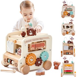 Wooden Activity Cube, 8-in-1 Montessori Toys with Animal Tourism Bus Theme, Multifunctional Early Educational Learning Toys Montessori Toys for 1 Year Old Boys Girl oddlers Kids Birthday Gift (Beige)