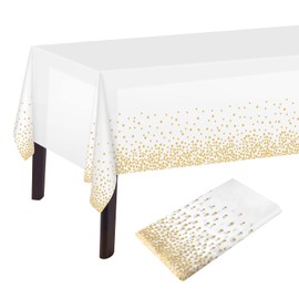 PLULON 2Pcs White Gold Dot Tablecloth White and Gold Table Cover 137 x 274cm Plastic Rectangle Table Cover for White and Gold Party Birthday Table Decorations