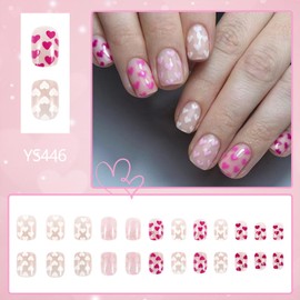 Pink White Love Heart Fake Nails Romantic Valentine's Day Press on Nails Short Square Multicolor Heart Acrylic Nails Glossy Valentines Glue on Nails for Women Girls
