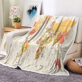 VeiVian World Map Fleece Throw Blanket for Couch, Sofa, Map of World Vintage Topography Educational College Kids Children Bed Travel Camping Blankets, Geographical Map Throws and Blankets, 50X60in