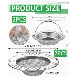 CULEB Pack of 2 Drain Strainer with Handle + 2 Pieces Bath Drain Strainer, Stainless Steel Drain Filter for Kitchens and Bathroom Sinks, Clogging Protection