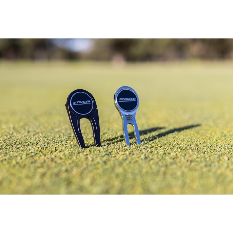 Stinger Golf Products' Sleek Black Golf Divot Tool with Bottle