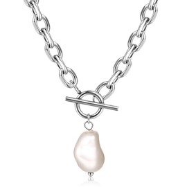 TEN MIRO Chunky Silver Plated Necklace for Women, Non Tarnish Silver Plated Chunky Baroque Pearl Necklace Bold Statement Necklaces Thick Irregular Large Pearl Pendant Toggle Necklaces for Women Trendy