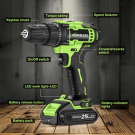 WorkBless WORKBLESS 21V Power Drill Set, Cordless Drill with Battery and Charger, 3/8'' Keyless Chuck, Variable Speed, 18+1 Torque Setting and 28pcs Drilling/Driver Bits Tool Set(Green)
