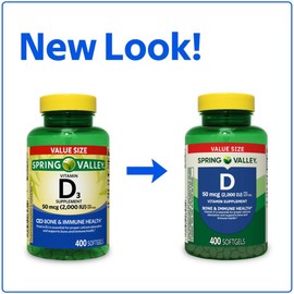 Spring Valley Vitamin D3 Supplement Softgels, 2000 IU, 400 Count - New Look