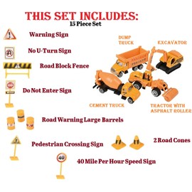 Diecast Construction Vehicles Play Set (15 Piece Per Set) Project Work Excavator, Tractor, Cement Truck, Dump Truck, Asphalt Roller, Backhoe and Many Road Warning Signs (Project Set)