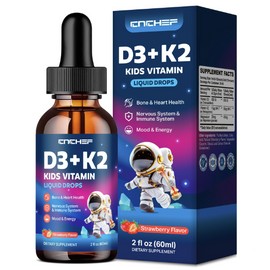 Vitamin D3 K2 Drops for Kids - Liquid Supplement with Magnesium for Calcium Absorption, Joint Health, Teeth & Heart - Non-GMO, Vegan, Strawberry, 2 Fl Oz - Kids Ages 4+