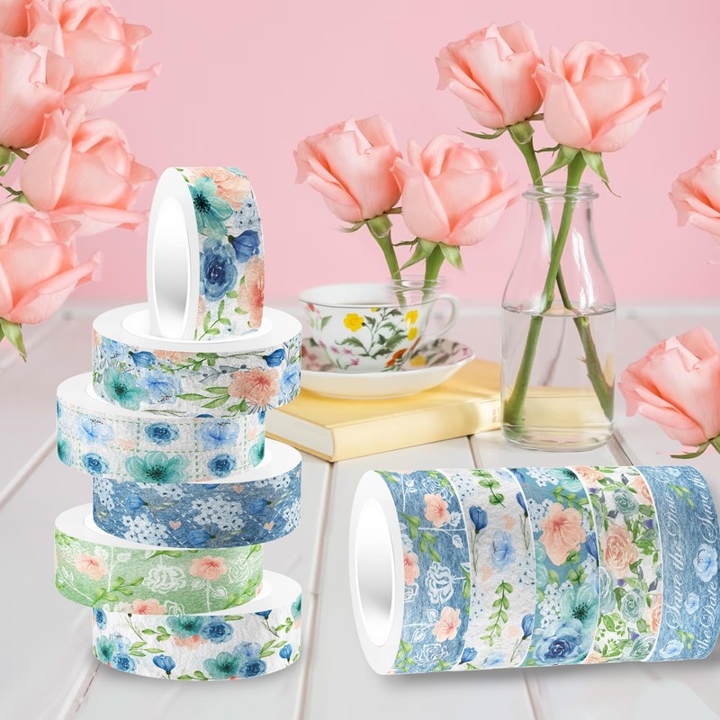 Blue Rose and Washi Tape Set 12 Rolls Floral Decorative