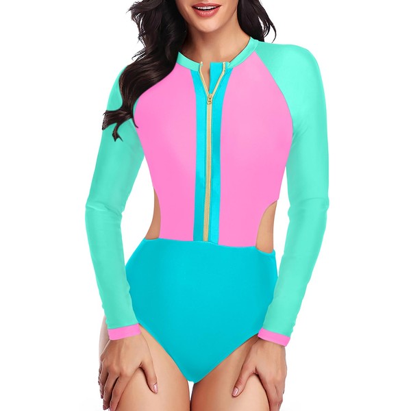 Daci Women Pink and Blue Zipper Rash Guard Long Sleeve