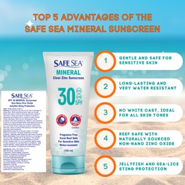 Safe Sea Zinc Oxide Sunscreen SPF30 | Clear Mineral Face Sunscreen Without Cast Iron | Anti Jellyfish Spike Protection Lotion | Coral Reef Proof | Travel Size - 100ml