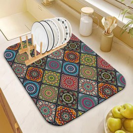 Dish Drying Mat for Kitchen Counter 18x24 Inch, Super Absorbent Dish Drainer Mat, Decorative Microfiber Dishes Drying Pad-Large(Plaid Boho)