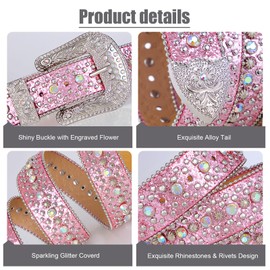 FIORETTO Men Women Rhinestone Belt Bling Western Studded Leather Belt Shining Diamond Waist Belt for Cowgirl Cowboy Jeans, 05 Shine-pink, fits waist size 29"-33"
