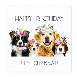 Mixed Dogs Birthday Card - Luxury Birthday Card - Floral Hats - Border Collie - Golden Retriever - Jack Russell - Beagle