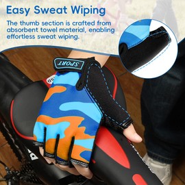AMFUN Children's Half Finger Cycling Gloves, Fingerless Cycling Gloves for Children, Non-Slip & Breathable for Cycling, Climbing, Skating, Boating (Camouflage Orange)
