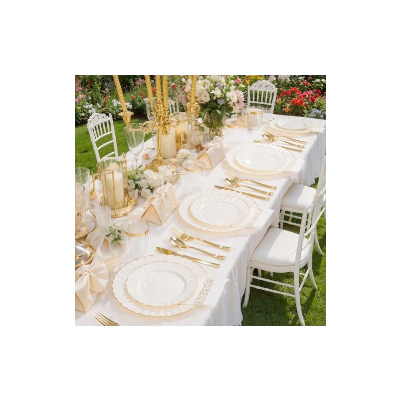 YOUBET 175PCS Ivory Scalloped Plastic Plates - Gold Disposable Dinnerware