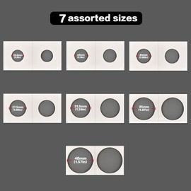 350Pcs Coin Holders Cardboard Coins Flips 2x2, 7 Sizes Collection Display Book for Collectors Collecting Protector Fits for 20.5, 23, 25, 27.5, 31.5, 35, 40 Penny, Quarters, Tokens, Medallions