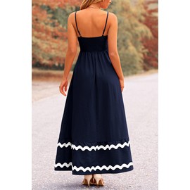 PRETTYGARDEN Women's 2025 Summer Flowy Maxi Dress Casual Sleeveless Spaghetti Strap Ruffle Beach Long Dresses (Dark Blue,Large)