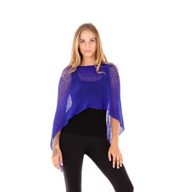 SHU-SHI - Women's Poncho Top - Transparent - Lightweight Knitted Material, royal blue, Unit size
