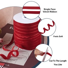 Beadthoven Velvet Ribbon, 50Yards x 3/8 inch Christmas Ribbon for Gift Package Wrapping Wreath Decoration Velvet Ribbon with Spool Single Face DIY Crafts Sewing Choker Hair Bow - Red