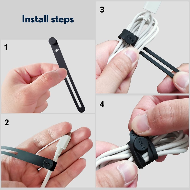 PZOZ (10 pcs) Reusable Cable Ties, Elastic Silicone Cord Organizer