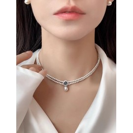 SHIMAO S925 Sterling Silver Natural Aquamarine Pearl Double-Layered Necklace for Women: A Blend of Ins Style, Minimalist Luxury, and Collarbone Elegance, Sterling Silver, Pearl, White