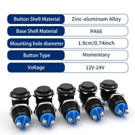 FILN 5PCS 19mm Momentary Push Button Switch, Small Reset Spst Marine Horn Easy Button On Off Switch 12v - 24v(Black Shell, Zinc Aluminum Alloy)