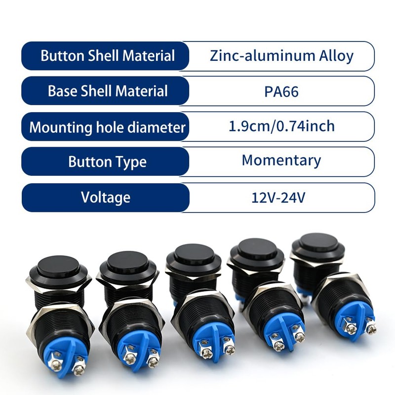 FILN 5PCS 19mm Momentary Push Button Switch, Small Reset Spst