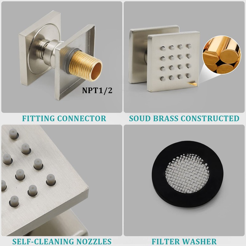 HOMEDEC Brushed Nickel Square Brass Shower Body Sprayer Wall Jet,