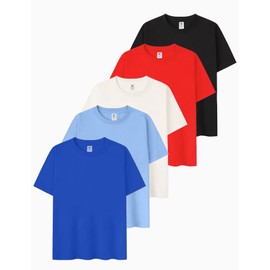 Rousytn 5 Pack Boys Short Sleeve T-Shirts, Soft Summer Basic Cotton Tees for Kids Casual Crewneck Tops 5-12 Y(Black,White,Blue,SkyBlue,Red-M)