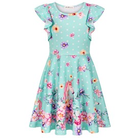 LaBeca Girls Printed Casual Party Dresses Twirly Ruffle Sleeve Dress Flower Unicorn Cap L