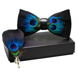 RBOCOTT Mens Handmade Feather Pre-tied Bow tie and Brooch Sets (peacock blue/black)