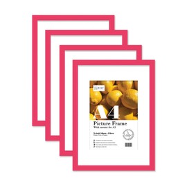 Almost Frameless A4 Bright Pink Picture Frame Set of 4, Display A5 Pictures with Mount or A5 Without Mount Gallery Wall, Poster, Photo, Artwork, or Print, Bright Pink