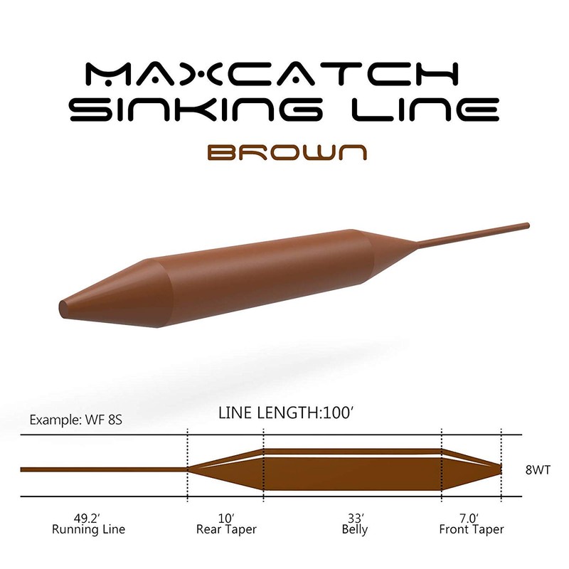 Maxcatch Sinking Fly Line Weight Forward 100ft 5S/6S/8S (Brown, 3ips,