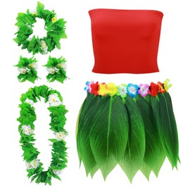 Yahenda 6 Piezas Disfraz de Mujer Hawaiana Falda Hawaiana con Hojas y Top Corto Collar de Flores Leis Trajes para Verano Fiesta Hawaiana