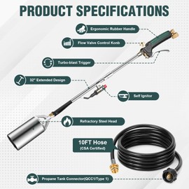 Propane Weed Torch, WADEO Weed Burner Torch Kit with 10 FT Hose Regulator, Weed Torch with 1,800,000 BTU, Self Igniting and 1lb Propane Cylinder Converter for Flame Weeding, Roofing, Melting Ice Snow