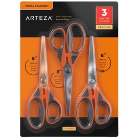 Arteza Craft Scissors, Set of 3, 8-Inch Scissors with Different Blades, Titanium Nonstick Stainless Steel Blades, Craft Supplies for Scrapbooking, Building Models, and Cutting Felt Designs