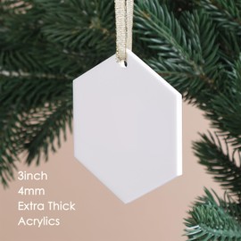UNIQOOO 18 Pack White Hexagon Acrylic Christmas Ornament, 4mm Extra Thick DIY Blank Christmas Bauble Hanging Tree Decoration, Stocking Name Tag, Tag, Memento