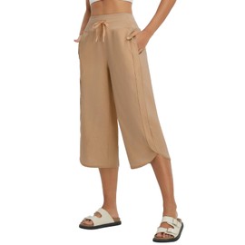 baleaf Women's Capri Pants Wide Leg Athletic Yoga Capris with Pockets Quick Dry Hiking Pants Loose Lounge Summer UPF 50+ Brown L