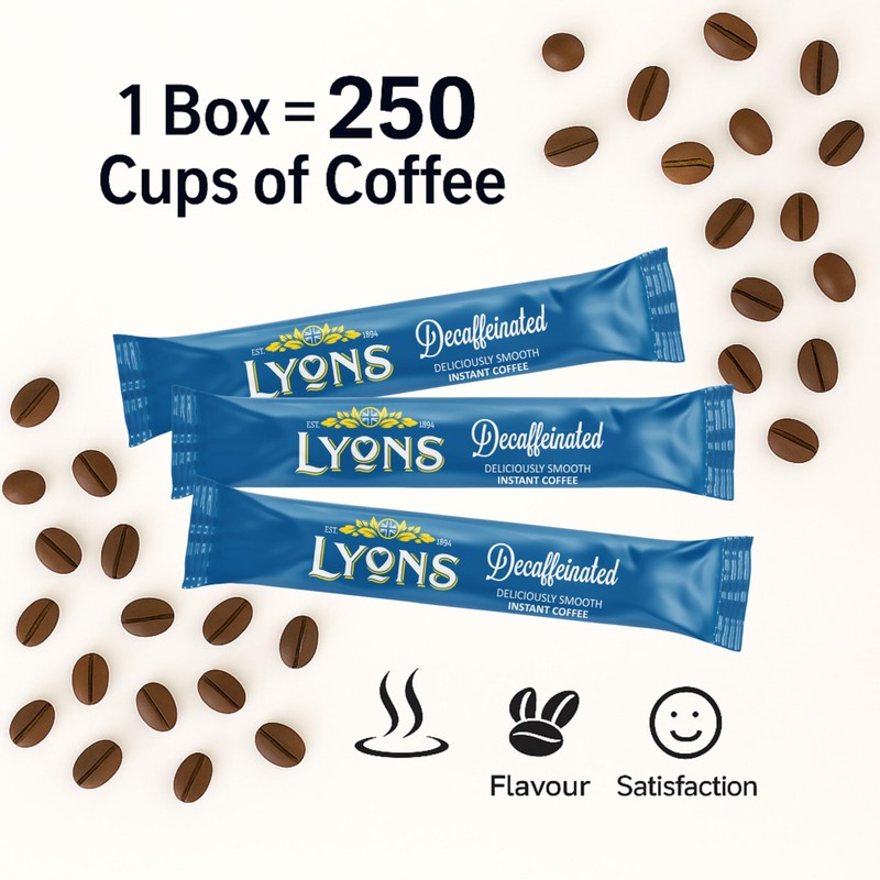 250pcs Lyons Individual Decaffeinated Instant Coffee Sachets - 1.5g Decaf