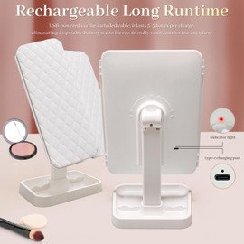 LED Tri-Fold Vanity Mirror with Lights, Touch Screen and 3X/2X/1X Magnification with 3 Color & Adjustable Brightness, Portable Rechargeable Makeup Mirror Pro with Lights Dollar for Desk Dorm Travel