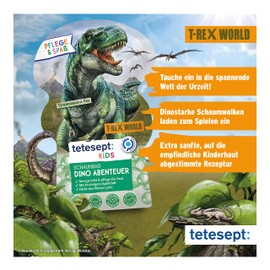 tetesept Kids Schaumbad Dino Abenteuer mit fruchtigem Apfelduft und pflegender Aloe Vera – dinostarker T-Rex-World Kinder Badespaß mit Badeschaum und grünem Wasser – 1 x 40 ml