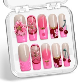 Pink Gradient Press on Nails Long Coffin Fake Nails 3D Luxury Flower Cherry Pattern Design Spring Summer Fruit French Tip Thick False Nails Golden Steel Ball Acrylic Nails for Women Nails DIY (Size M)