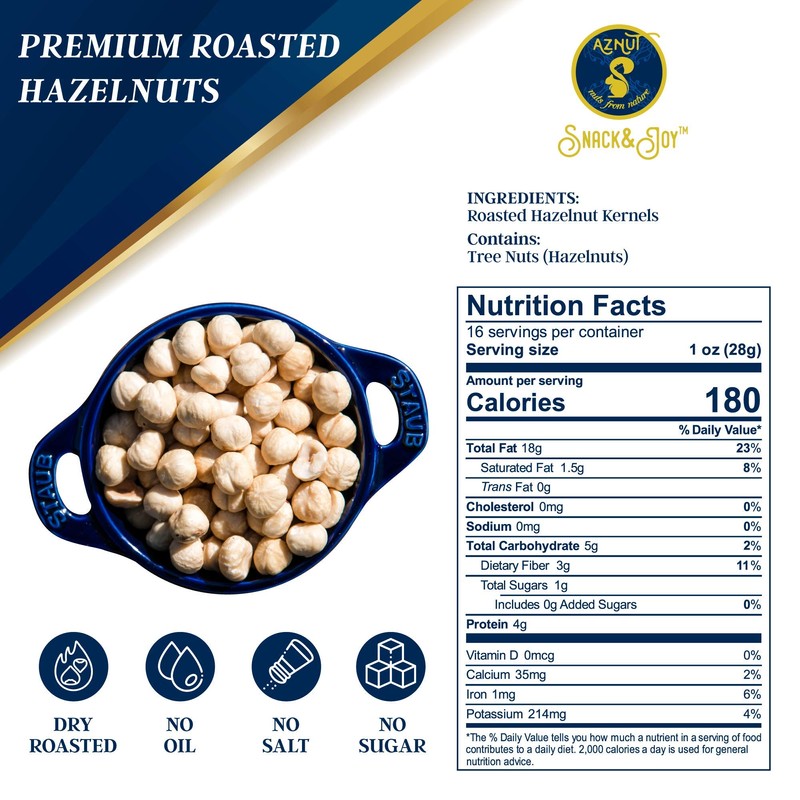 AZNUT Roasted Unsalted Hazelnuts 3 LB, Premium Quality 100% Natural