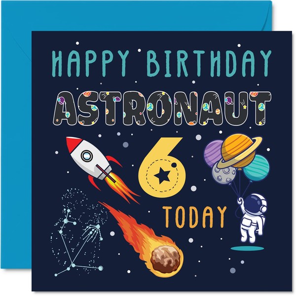 6th Birthday Card Boy - Space Astronaut Cosmos - Happy Birthday Card 6 Year Old Boy Girl, Six Sixth Girls Boys Birthday Cards, 5.7 x 5.7 Inch Greeting Card for Son Daughter Niece Nephew Grandson
