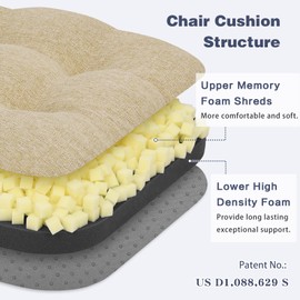 baibu Set of 2 Dining Chair Cushions, Dual-Layer Patent Design Memory Foam Kitchen Chair Cushions, Non-Slip Seat Pads with Ties, 16.5 x 16.5 x 3.5in, 2 Pack, Beige