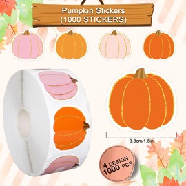 JarThenaAMCS 1000Pcs Fall Pumpkin Stickers Roll Orange Pink Pumpkin Waterproof Decals Autumn Thanksgiving Self-Adhesive Stickers for Envelope Scrapbook Decor Party Supplies, 1 Roll